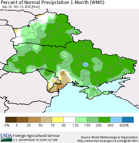 Ukraine, Moldova and Belarus Percent of Normal Precipitation 1-Month (WMO) Thematic Map For 9/16/2022 - 10/15/2022