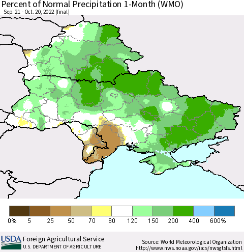 Ukraine, Moldova and Belarus Percent of Normal Precipitation 1-Month (WMO) Thematic Map For 9/21/2022 - 10/20/2022