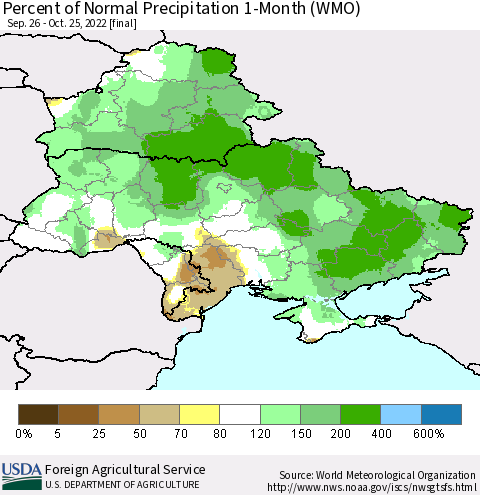 Ukraine, Moldova and Belarus Percent of Normal Precipitation 1-Month (WMO) Thematic Map For 9/26/2022 - 10/25/2022