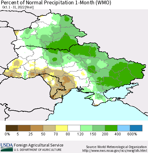 Ukraine, Moldova and Belarus Percent of Normal Precipitation 1-Month (WMO) Thematic Map For 10/1/2022 - 10/31/2022