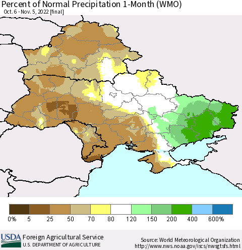 Ukraine, Moldova and Belarus Percent of Normal Precipitation 1-Month (WMO) Thematic Map For 10/6/2022 - 11/5/2022