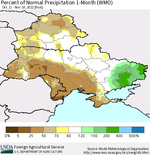 Ukraine, Moldova and Belarus Percent of Normal Precipitation 1-Month (WMO) Thematic Map For 10/11/2022 - 11/10/2022