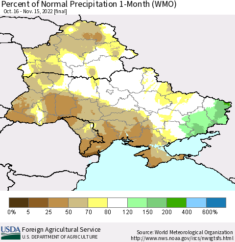 Ukraine, Moldova and Belarus Percent of Normal Precipitation 1-Month (WMO) Thematic Map For 10/16/2022 - 11/15/2022
