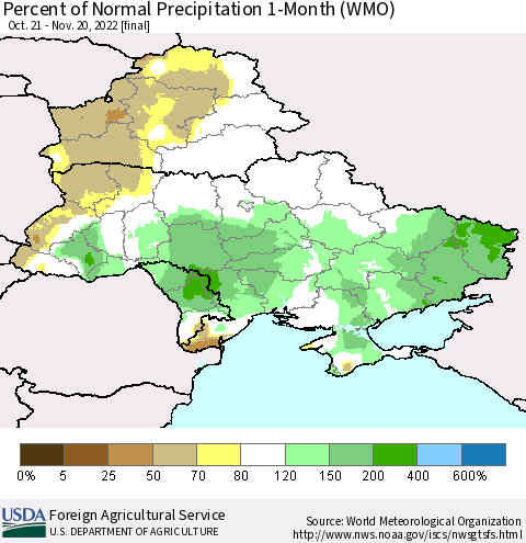 Ukraine, Moldova and Belarus Percent of Normal Precipitation 1-Month (WMO) Thematic Map For 10/21/2022 - 11/20/2022