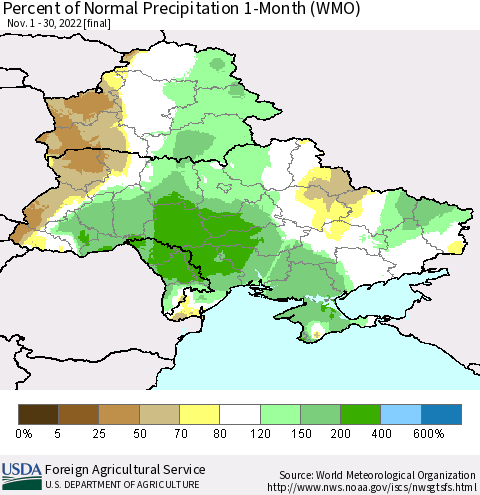 Ukraine, Moldova and Belarus Percent of Normal Precipitation 1-Month (WMO) Thematic Map For 11/1/2022 - 11/30/2022