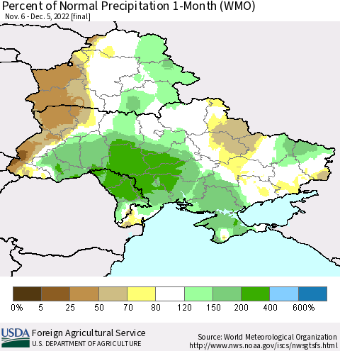 Ukraine, Moldova and Belarus Percent of Normal Precipitation 1-Month (WMO) Thematic Map For 11/6/2022 - 12/5/2022