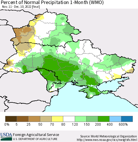 Ukraine, Moldova and Belarus Percent of Normal Precipitation 1-Month (WMO) Thematic Map For 11/11/2022 - 12/10/2022