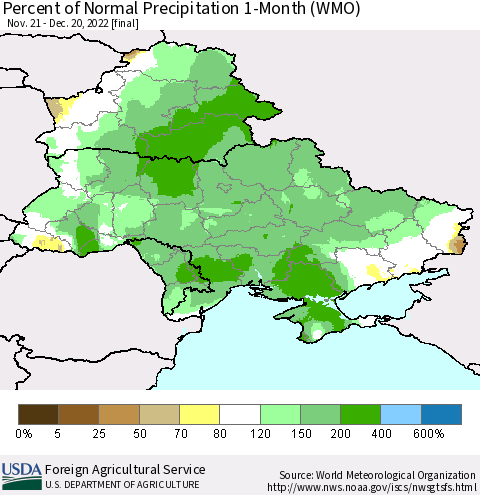 Ukraine, Moldova and Belarus Percent of Normal Precipitation 1-Month (WMO) Thematic Map For 11/21/2022 - 12/20/2022