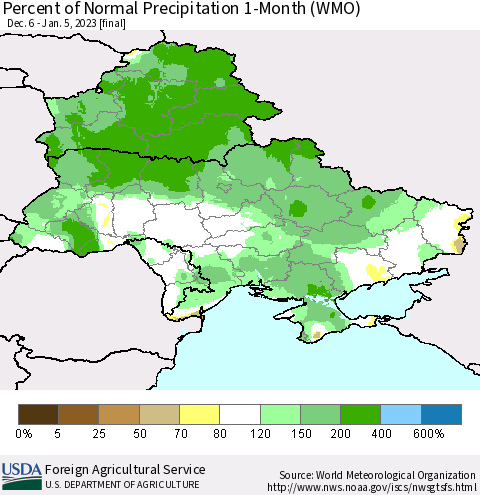 Ukraine, Moldova and Belarus Percent of Normal Precipitation 1-Month (WMO) Thematic Map For 12/6/2022 - 1/5/2023