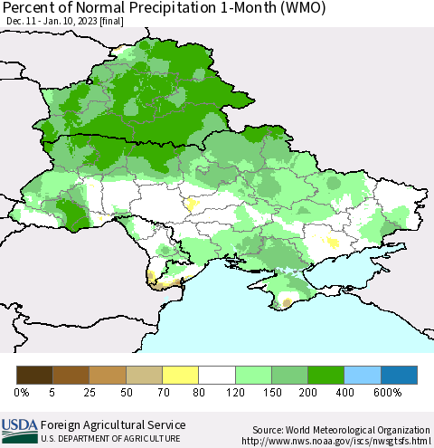 Ukraine, Moldova and Belarus Percent of Normal Precipitation 1-Month (WMO) Thematic Map For 12/11/2022 - 1/10/2023