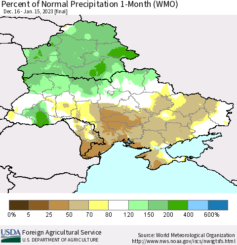 Ukraine, Moldova and Belarus Percent of Normal Precipitation 1-Month (WMO) Thematic Map For 12/16/2022 - 1/15/2023
