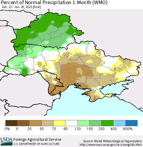 Ukraine, Moldova and Belarus Percent of Normal Precipitation 1-Month (WMO) Thematic Map For 12/21/2022 - 1/20/2023