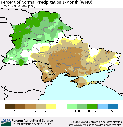 Ukraine, Moldova and Belarus Percent of Normal Precipitation 1-Month (WMO) Thematic Map For 12/26/2022 - 1/25/2023