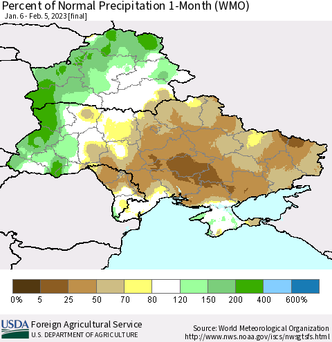 Ukraine, Moldova and Belarus Percent of Normal Precipitation 1-Month (WMO) Thematic Map For 1/6/2023 - 2/5/2023