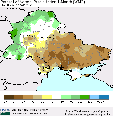 Ukraine, Moldova and Belarus Percent of Normal Precipitation 1-Month (WMO) Thematic Map For 1/11/2023 - 2/10/2023