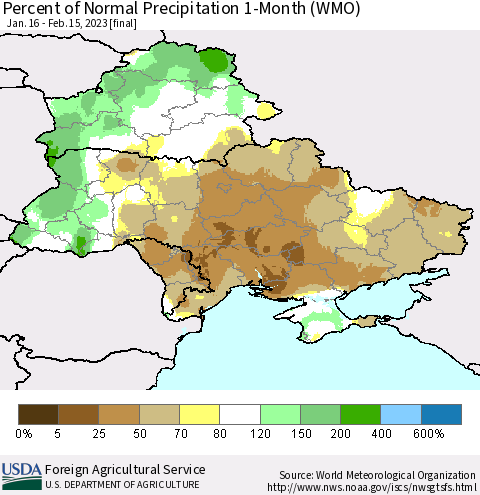 Ukraine, Moldova and Belarus Percent of Normal Precipitation 1-Month (WMO) Thematic Map For 1/16/2023 - 2/15/2023