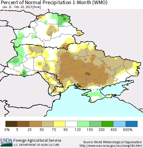 Ukraine, Moldova and Belarus Percent of Normal Precipitation 1-Month (WMO) Thematic Map For 1/21/2023 - 2/20/2023