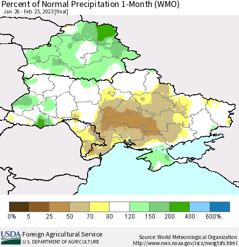 Ukraine, Moldova and Belarus Percent of Normal Precipitation 1-Month (WMO) Thematic Map For 1/26/2023 - 2/25/2023