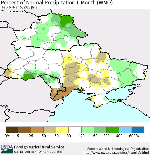 Ukraine, Moldova and Belarus Percent of Normal Precipitation 1-Month (WMO) Thematic Map For 2/6/2023 - 3/5/2023