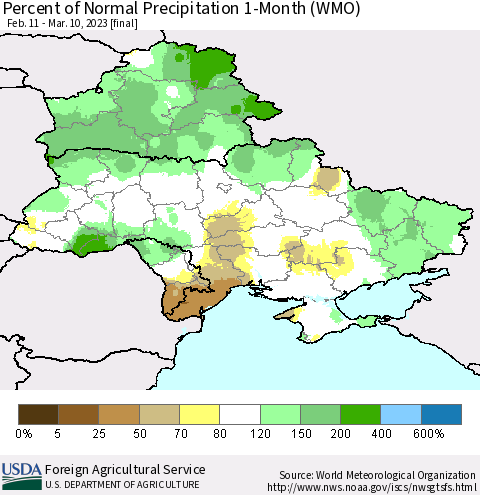 Ukraine, Moldova and Belarus Percent of Normal Precipitation 1-Month (WMO) Thematic Map For 2/11/2023 - 3/10/2023