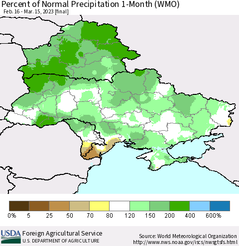 Ukraine, Moldova and Belarus Percent of Normal Precipitation 1-Month (WMO) Thematic Map For 2/16/2023 - 3/15/2023