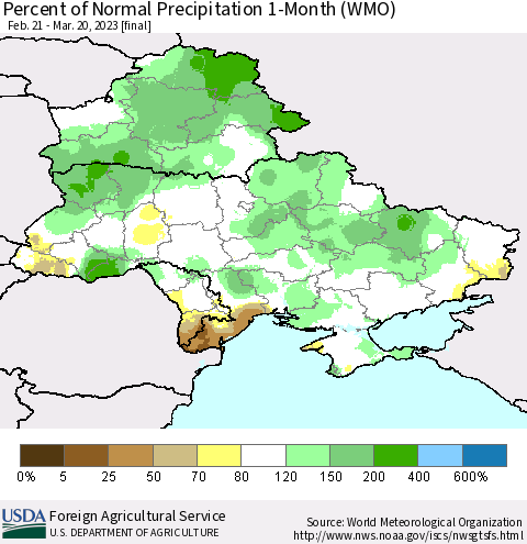 Ukraine, Moldova and Belarus Percent of Normal Precipitation 1-Month (WMO) Thematic Map For 2/21/2023 - 3/20/2023