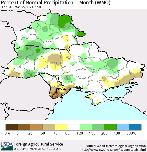 Ukraine, Moldova and Belarus Percent of Normal Precipitation 1-Month (WMO) Thematic Map For 2/26/2023 - 3/25/2023