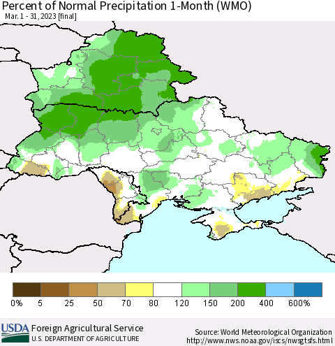 Ukraine, Moldova and Belarus Percent of Normal Precipitation 1-Month (WMO) Thematic Map For 3/1/2023 - 3/31/2023