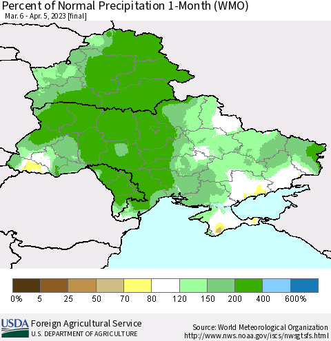 Ukraine, Moldova and Belarus Percent of Normal Precipitation 1-Month (WMO) Thematic Map For 3/6/2023 - 4/5/2023