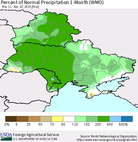 Ukraine, Moldova and Belarus Percent of Normal Precipitation 1-Month (WMO) Thematic Map For 3/11/2023 - 4/10/2023
