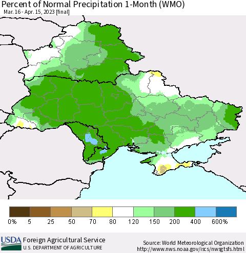 Ukraine, Moldova and Belarus Percent of Normal Precipitation 1-Month (WMO) Thematic Map For 3/16/2023 - 4/15/2023