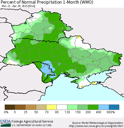 Ukraine, Moldova and Belarus Percent of Normal Precipitation 1-Month (WMO) Thematic Map For 3/21/2023 - 4/20/2023