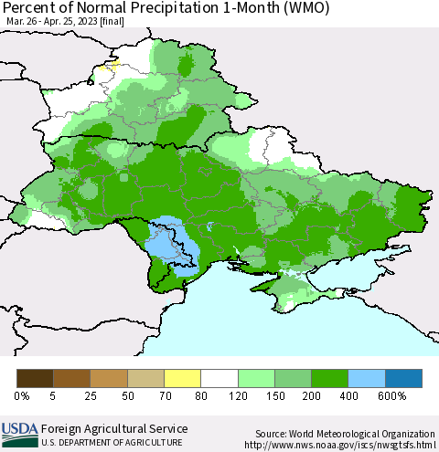 Ukraine, Moldova and Belarus Percent of Normal Precipitation 1-Month (WMO) Thematic Map For 3/26/2023 - 4/25/2023