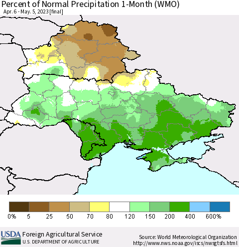 Ukraine, Moldova and Belarus Percent of Normal Precipitation 1-Month (WMO) Thematic Map For 4/6/2023 - 5/5/2023