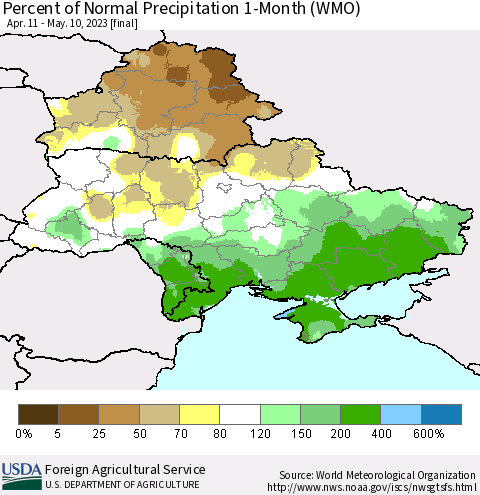 Ukraine, Moldova and Belarus Percent of Normal Precipitation 1-Month (WMO) Thematic Map For 4/11/2023 - 5/10/2023