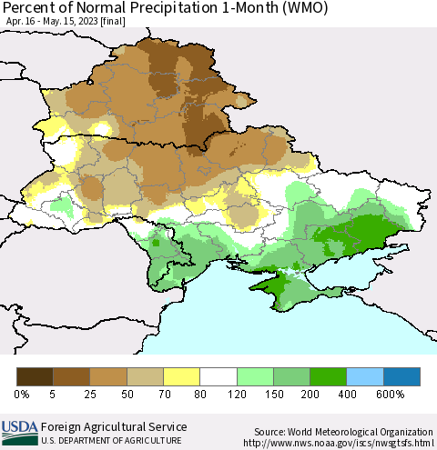 Ukraine, Moldova and Belarus Percent of Normal Precipitation 1-Month (WMO) Thematic Map For 4/16/2023 - 5/15/2023