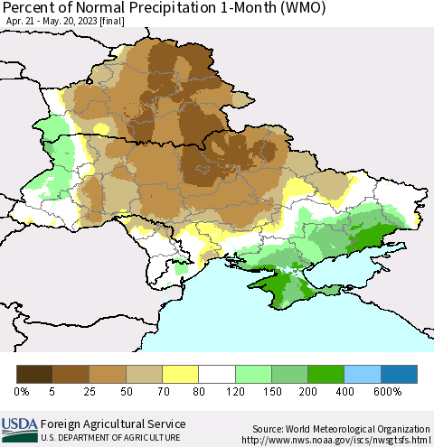 Ukraine, Moldova and Belarus Percent of Normal Precipitation 1-Month (WMO) Thematic Map For 4/21/2023 - 5/20/2023