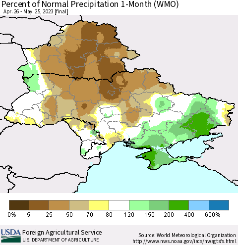 Ukraine, Moldova and Belarus Percent of Normal Precipitation 1-Month (WMO) Thematic Map For 4/26/2023 - 5/25/2023