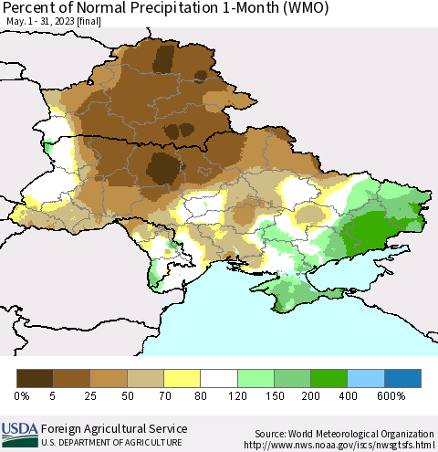 Ukraine, Moldova and Belarus Percent of Normal Precipitation 1-Month (WMO) Thematic Map For 5/1/2023 - 5/31/2023
