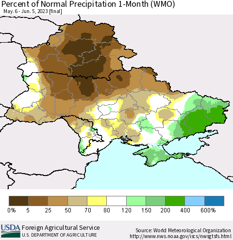 Ukraine, Moldova and Belarus Percent of Normal Precipitation 1-Month (WMO) Thematic Map For 5/6/2023 - 6/5/2023