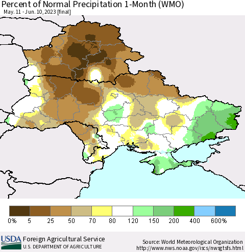 Ukraine, Moldova and Belarus Percent of Normal Precipitation 1-Month (WMO) Thematic Map For 5/11/2023 - 6/10/2023