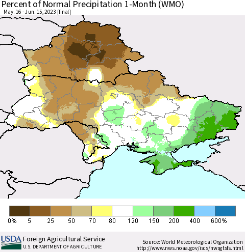 Ukraine, Moldova and Belarus Percent of Normal Precipitation 1-Month (WMO) Thematic Map For 5/16/2023 - 6/15/2023