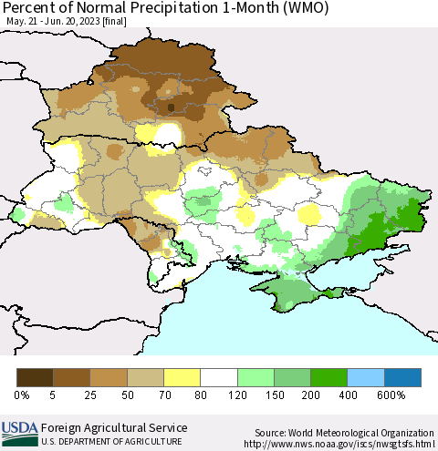 Ukraine, Moldova and Belarus Percent of Normal Precipitation 1-Month (WMO) Thematic Map For 5/21/2023 - 6/20/2023