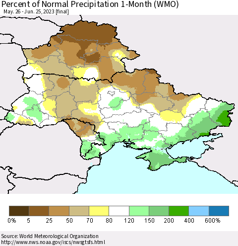 Ukraine, Moldova and Belarus Percent of Normal Precipitation 1-Month (WMO) Thematic Map For 5/26/2023 - 6/25/2023