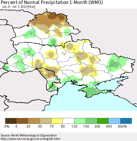 Ukraine, Moldova and Belarus Percent of Normal Precipitation 1-Month (WMO) Thematic Map For 6/6/2023 - 7/5/2023