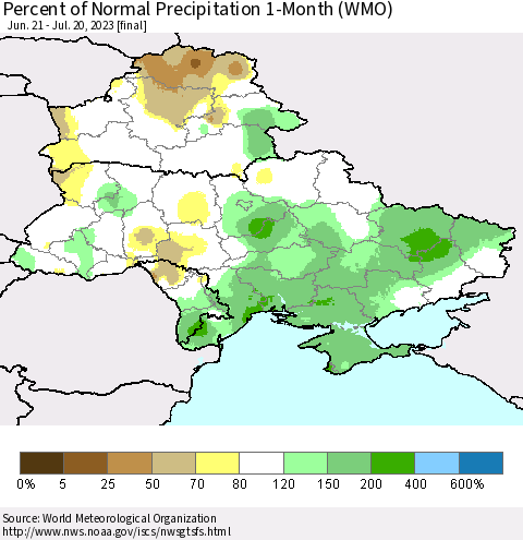 Ukraine, Moldova and Belarus Percent of Normal Precipitation 1-Month (WMO) Thematic Map For 6/21/2023 - 7/20/2023