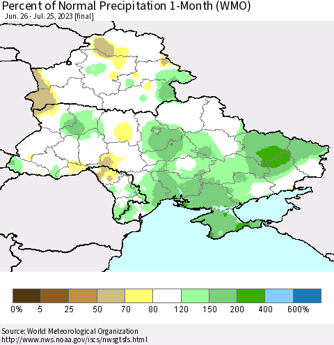 Ukraine, Moldova and Belarus Percent of Normal Precipitation 1-Month (WMO) Thematic Map For 6/26/2023 - 7/25/2023