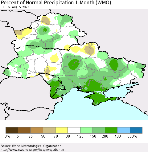 Ukraine, Moldova and Belarus Percent of Normal Precipitation 1-Month (WMO) Thematic Map For 7/6/2023 - 8/5/2023