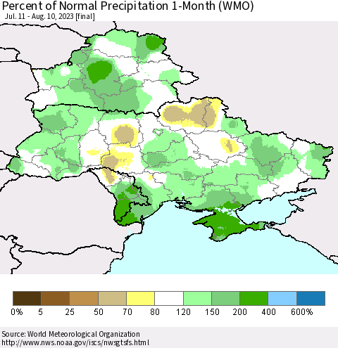 Ukraine, Moldova and Belarus Percent of Normal Precipitation 1-Month (WMO) Thematic Map For 7/11/2023 - 8/10/2023