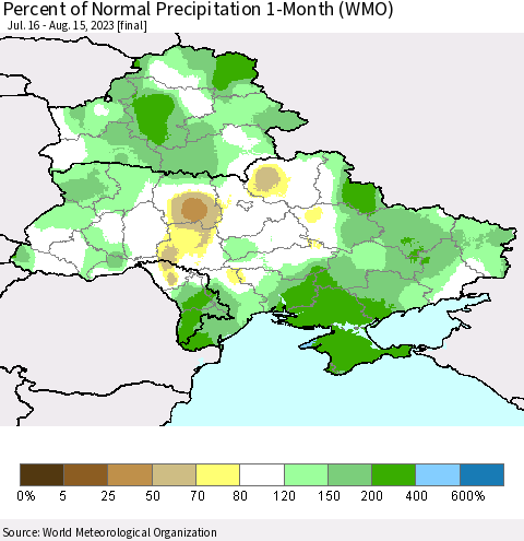 Ukraine, Moldova and Belarus Percent of Normal Precipitation 1-Month (WMO) Thematic Map For 7/16/2023 - 8/15/2023